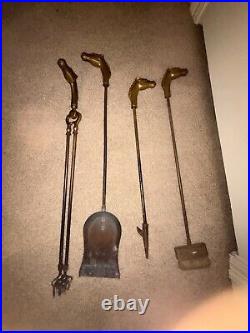 Vintage French Neoclassical Brass Horse Fireplace Tool Set 4 Pieces