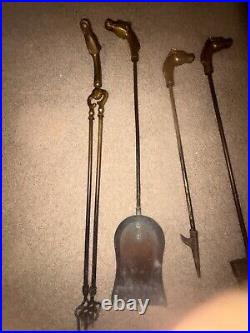 Vintage French Neoclassical Brass Horse Fireplace Tool Set 4 Pieces