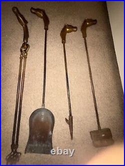 Vintage French Neoclassical Brass Horse Fireplace Tool Set 4 Pieces