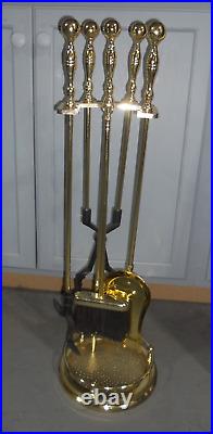 Vintage Gold Solid Brass Fireplace Tool Set 5 Piece Stand Fire Poker Shovel