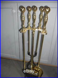 Vintage Gold Solid Brass Fireplace Tool Set 5 Piece Stand Fire Poker Shovel