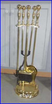 Vintage Gold Solid Brass Fireplace Tool Set 5 Piece Stand Fire Poker Shovel