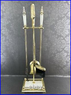 Vintage Gold White Marble Fireplace Set 4 Piece Tools Poker Brush Shovel MCM