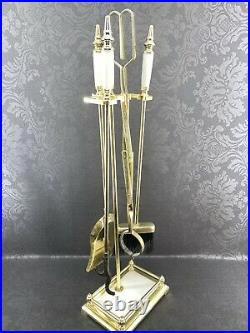 Vintage Gold White Marble Fireplace Set 4 Piece Tools Poker Brush Shovel MCM