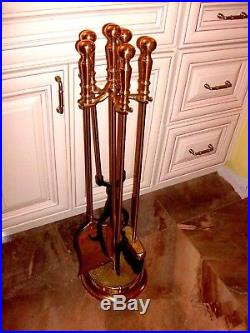 Vintage Golden Metal Brass Fire Place 5 Tools Shovel Poker Broom Grabber + Stand
