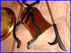 Vintage Golden Metal Brass Fire Place 5 Tools Shovel Poker Broom Grabber + Stand