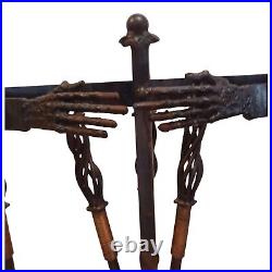 Vintage Gothic MCM Spanish Revival Skeleton Hands Cast Iron Fireplace Tool Set