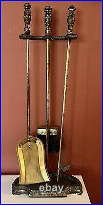 Vintage Hammered Heavy Brass & Cast Iron Fireplace 4 Piece Tool Set