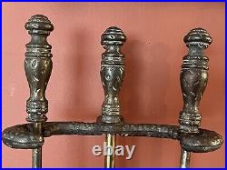 Vintage Hammered Heavy Brass & Cast Iron Fireplace 4 Piece Tool Set