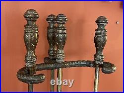 Vintage Hammered Heavy Brass & Cast Iron Fireplace 4 Piece Tool Set