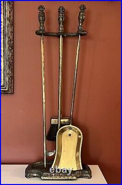 Vintage Hammered Heavy Brass & Cast Iron Fireplace 4 Piece Tool Set