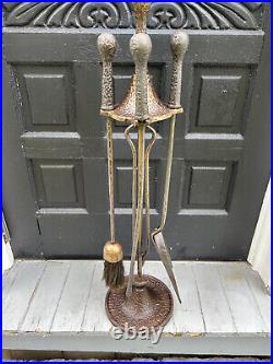 Vintage Hammered Metal Look Fireplace 4 Tool Set & Stand, Free S/H