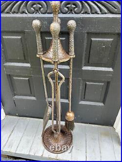 Vintage Hammered Metal Look Fireplace 4 Tool Set & Stand, Free S/H