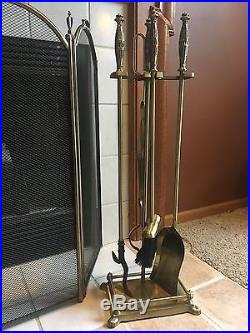Vintage Heavy 6 Piece Solid Brass Fireplace Tool Set & Brass Screen