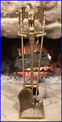 Vintage Heavy Brass 4 Piece Set of Fireplace Tools Patriotic Eagle