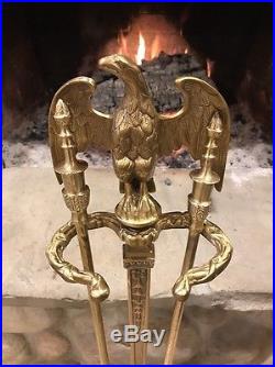 Vintage Heavy Brass 4 Piece Set of Fireplace Tools Patriotic Eagle