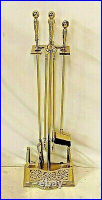 Vintage Heavy Brass Fireplace Tool Set Ornate Stand With 3 Tools