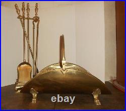 Vintage Heavy Brass Fireplace Tool Set, Stand & Wood Cradle