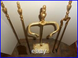 Vintage Heavy Brass Fireplace Tool Set, Stand & Wood Cradle