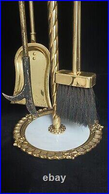 Vintage Heavy Duty Brass & White Marble Fireplace Tools Fire Poker Tong Brush