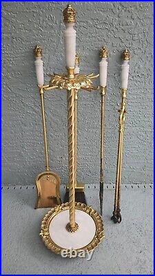 Vintage Heavy Duty Brass & White Marble Fireplace Tools Fire Poker Tong Brush