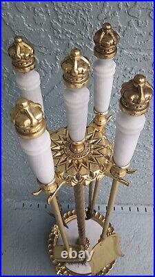 Vintage Heavy Duty Brass & White Marble Fireplace Tools Fire Poker Tong Brush