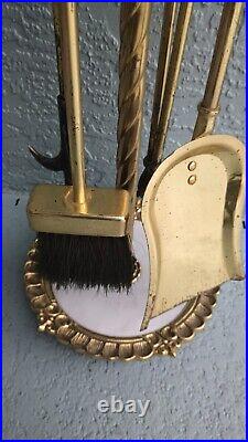 Vintage Heavy Duty Brass & White Marble Fireplace Tools Fire Poker Tong Brush