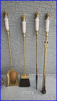 Vintage Heavy Duty Brass & White Marble Fireplace Tools Fire Poker Tong Brush