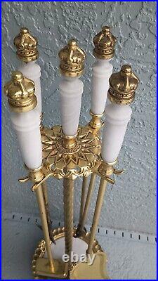 Vintage Heavy Duty Brass & White Marble Fireplace Tools Fire Poker Tong Brush