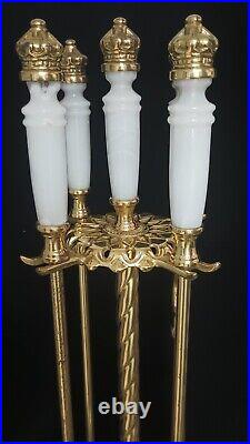 Vintage Heavy Duty Brass & White Marble Fireplace Tools Fire Poker Tong Brush