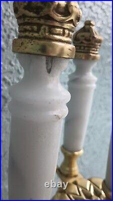 Vintage Heavy Duty Brass & White Marble Fireplace Tools Fire Poker Tong Brush