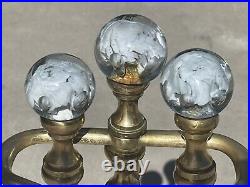 Vintage Heavy Fireplace Brass Tool Set Clear White Glass Ball Handles 30 Tall