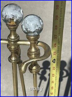 Vintage Heavy Fireplace Brass Tool Set Clear White Glass Ball Handles 30 Tall