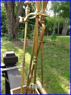 Vintage Heavy Set of English Brass Fireplace Hearth Tools