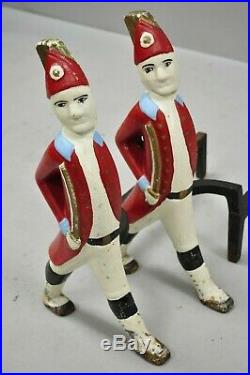 Vintage Hessian Soldier Fireplace Tool Set and Pair of Andirons Red White & Blue