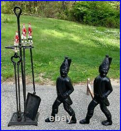 Vintage Hessian Soldiers Cast Iron Andirons & Fireplace Tool Set 1960s