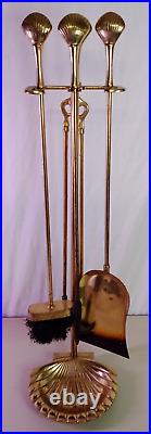 Vintage Hollywood Regency Clam Shell Brass Fireplace Tool Set 4 Piece + Stand