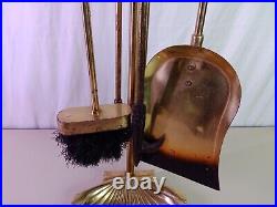 Vintage Hollywood Regency Clam Shell Brass Fireplace Tool Set 4 Piece + Stand
