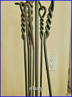 Vintage Iron Twisted Rope Handled 5 pc Fireplace Tool Set 33T x 11W