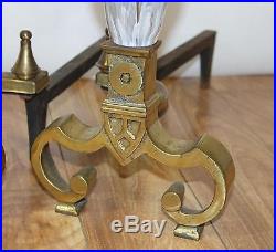 Vintage Joe Zimmerman Paperweight Art Glass Brass Andirons & Fireplace Tool Set