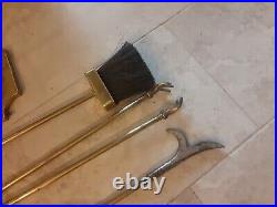 Vintage Lion Head Handles Figural Four Piece Brass & Iron Fireplace Tool Set