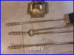 Vintage Lion Head Handles Figural Four Piece Brass & Iron Fireplace Tool Set