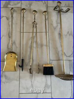 Vintage MCM Brass Clam Shell Fireplace Tool Set With Stand 4 Piece, Heavy Duty