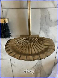 Vintage MCM Brass Clam Shell Fireplace Tool Set With Stand 4 Piece, Heavy Duty