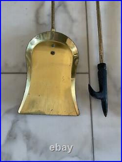 Vintage MCM Brass Clam Shell Fireplace Tool Set With Stand 4 Piece, Heavy Duty