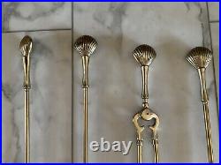 Vintage MCM Brass Clam Shell Fireplace Tool Set With Stand 4 Piece, Heavy Duty