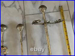 Vintage MCM Brass Clam Shell Fireplace Tool Set With Stand 4 Piece, Heavy Duty