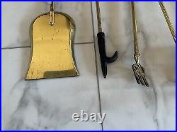 Vintage MCM Brass Clam Shell Fireplace Tool Set With Stand 4 Piece, Heavy Duty