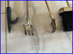 Vintage MCM Brass Clam Shell Fireplace Tool Set With Stand 4 Piece, Heavy Duty