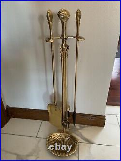 Vintage MCM Brass Clam Shell Fireplace Tool Set With Stand 4 Piece, Heavy Duty